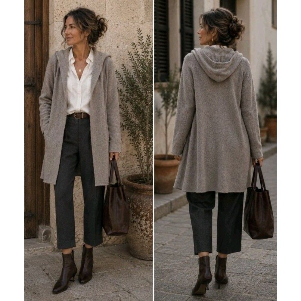 Vince Womens Hooded Open Front Alpaca Wool Blend Cardigan Sweater Coat S Taupe